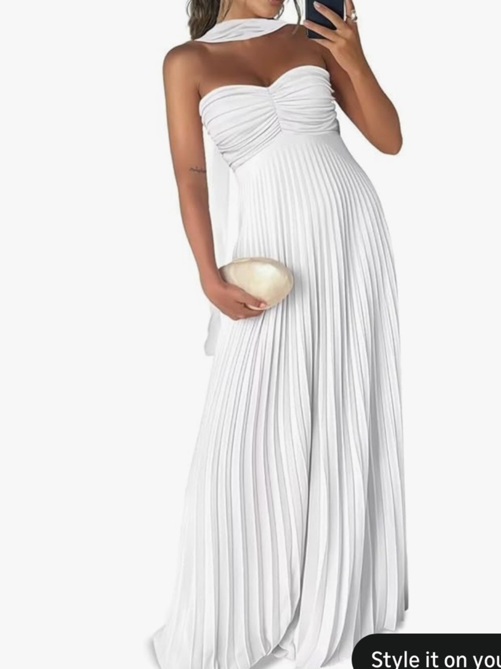 Strapless White Pleated Maxi Dress with Scarf Detail